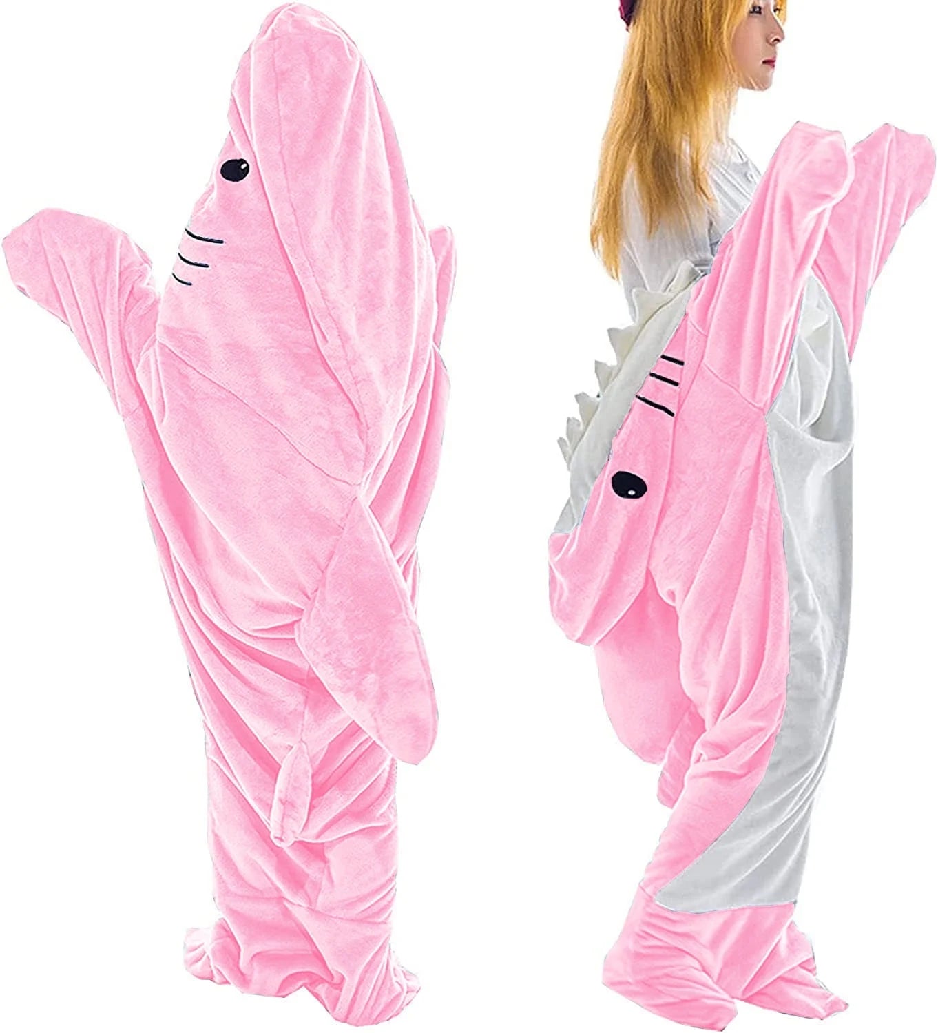 L Size Flannel Shark Blanket Hoodie, Soft Cozy Warm Wearable Shark Blanket, Funny Shark Onesie Sleeping Bag Blanket，Wearable Shark Blanket Hoodie Cartoon Animal One-Piece Blanket(Pink）