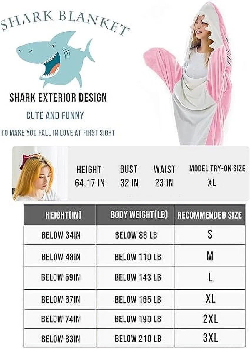 L Size Flannel Shark Blanket Hoodie, Soft Cozy Warm Wearable Shark Blanket, Funny Shark Onesie Sleeping Bag Blanket，Wearable Shark Blanket Hoodie Cartoon Animal One-Piece Blanket(Pink）