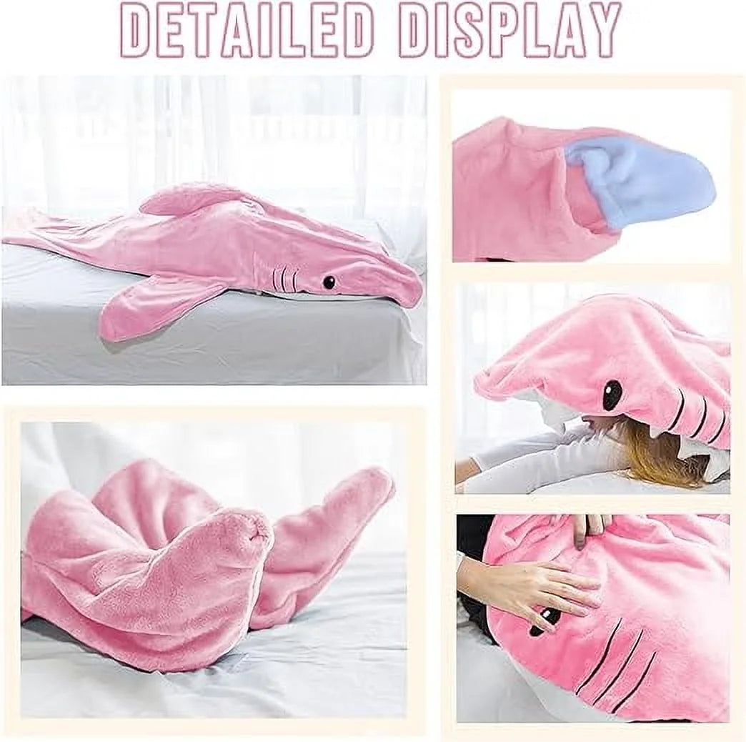 L Size Flannel Shark Blanket Hoodie, Soft Cozy Warm Wearable Shark Blanket, Funny Shark Onesie Sleeping Bag Blanket，Wearable Shark Blanket Hoodie Cartoon Animal One-Piece Blanket(Pink）