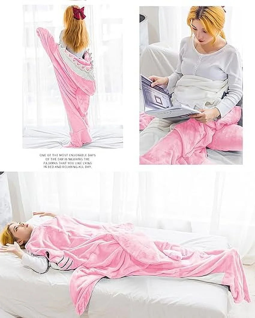 L Size Flannel Shark Blanket Hoodie, Soft Cozy Warm Wearable Shark Blanket, Funny Shark Onesie Sleeping Bag Blanket，Wearable Shark Blanket Hoodie Cartoon Animal One-Piece Blanket(Pink）