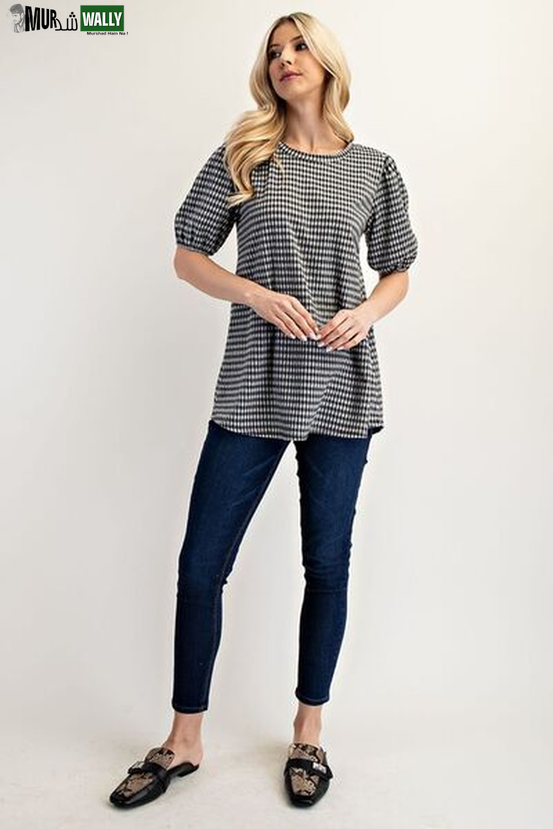 Celeste Full Size Gingham Print Top with Puff Sleeves plus Size