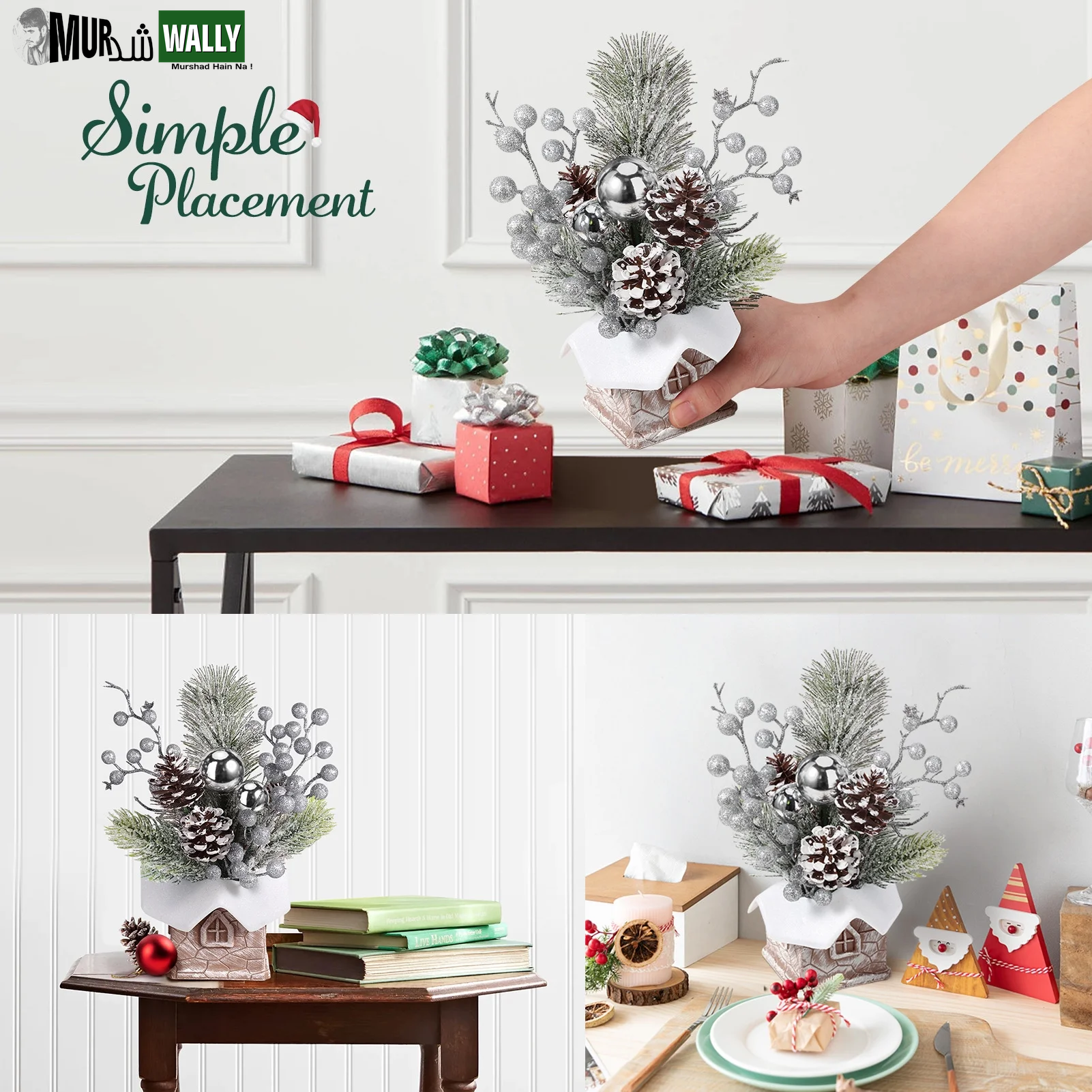 Small Christmas Tree, Artificial Mini Tabletop Christmas Decorations with Christmas Ornaments, for Home Party Thankgivings Christmas Decor Indoor, Silver