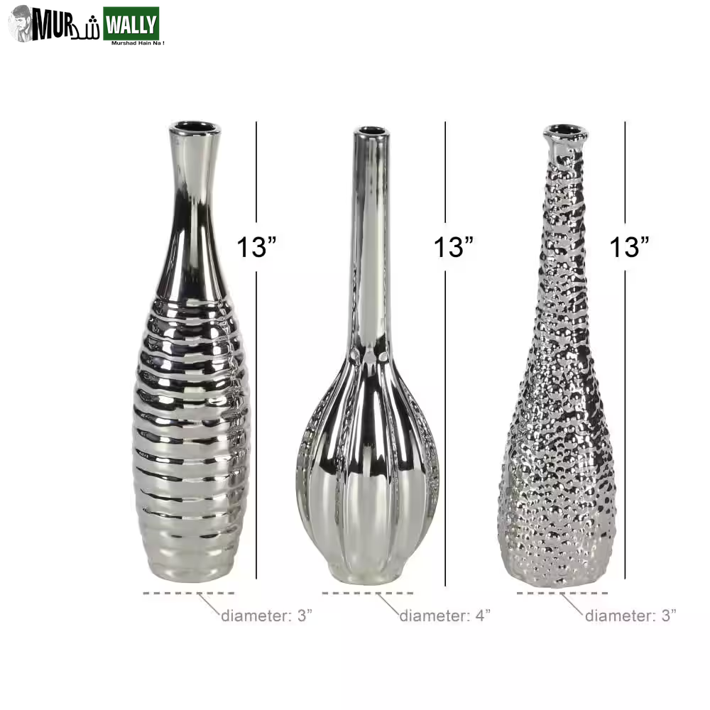 3 In., 12 In. Silver Slim Textured Bottleneck Ceramic Decorative Vase with Varying Patterns (Set of 3)