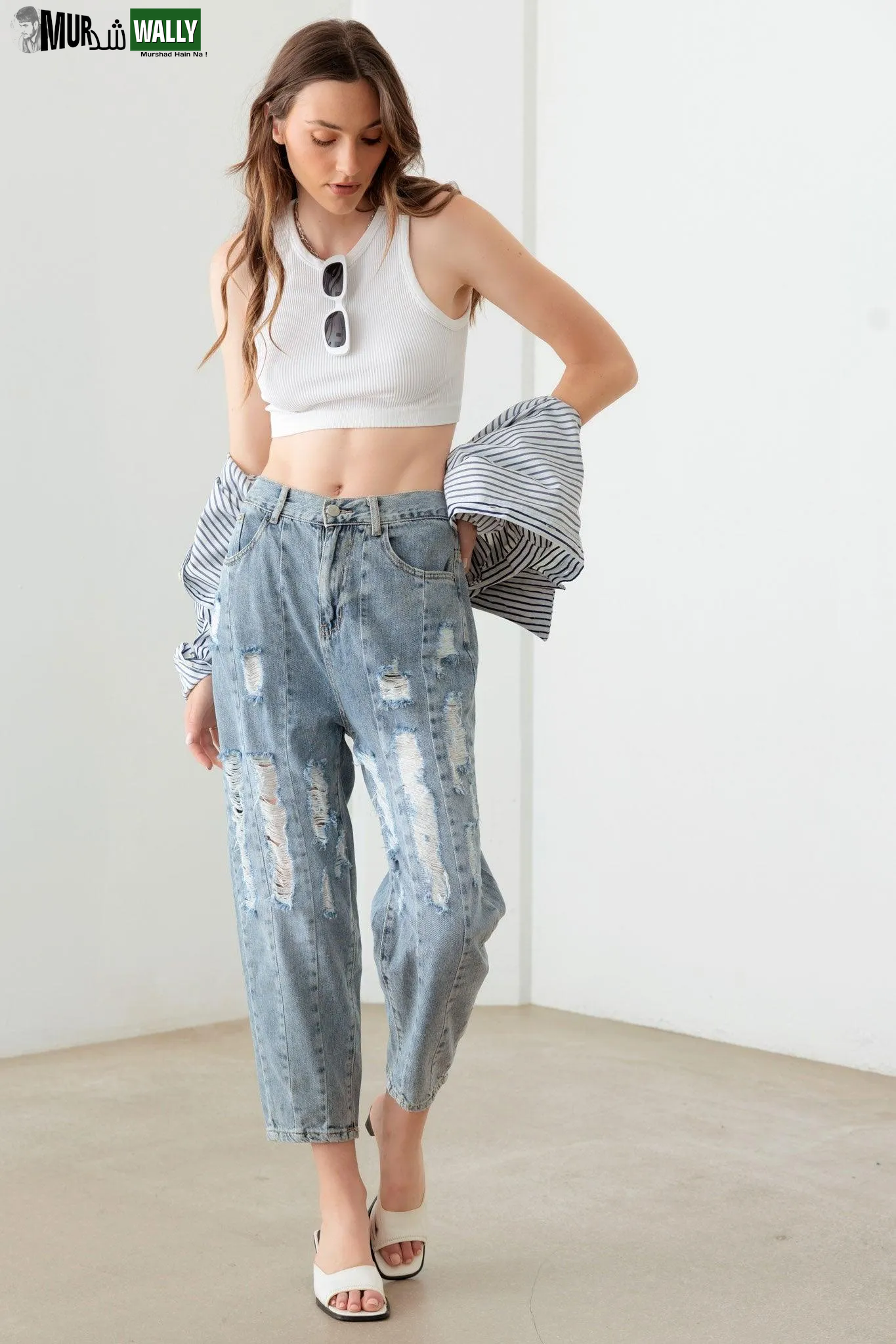 Light Blue Wash Barrel Leg High Waist Distressed Jeans