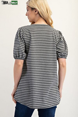 Celeste Full Size Gingham Print Top with Puff Sleeves plus Size