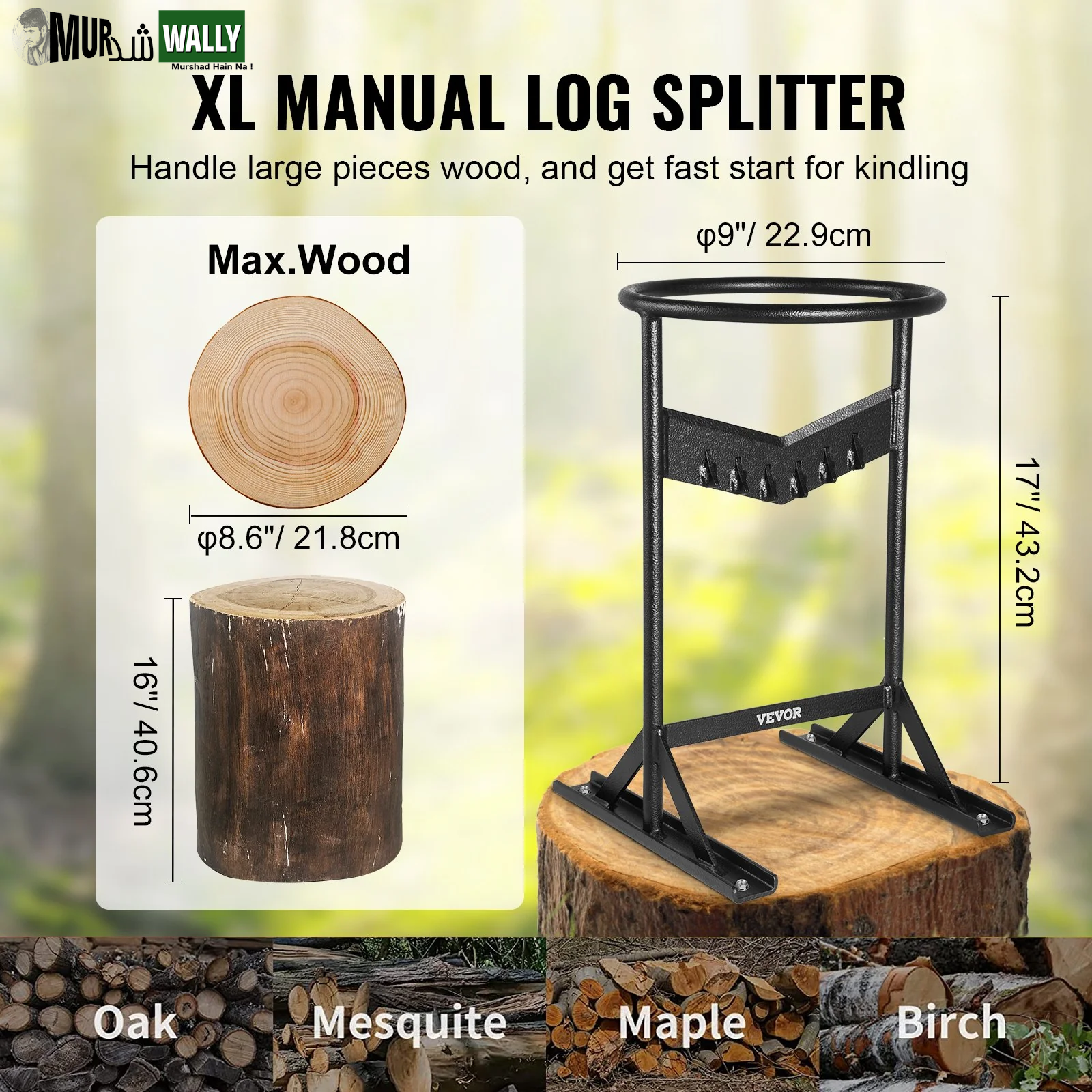 VEVOR Firewood Kindling Splitter, 9''X17'' XL Wood Splitter, Unique V-Shaped Finger-Safety Blade, Manual Log Splitter for Wood Splitting, Heavy Duty Strong Steel Structure & Stability, Log Splitter
