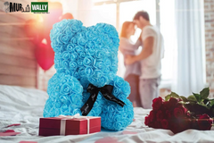 Blue Artificial Rose Flowers Bear 10 Inch Wedding Party Decoration Gift Box