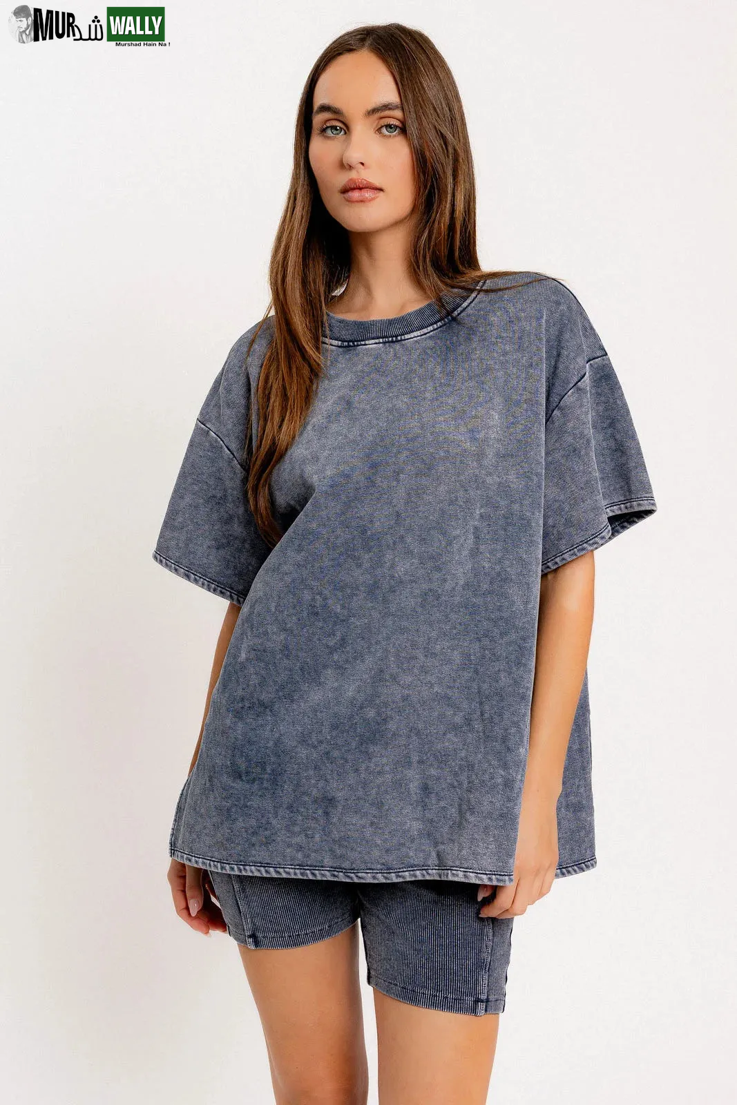 Short Sleeve Crew Neck Washed Oversized Basic Tunic Top