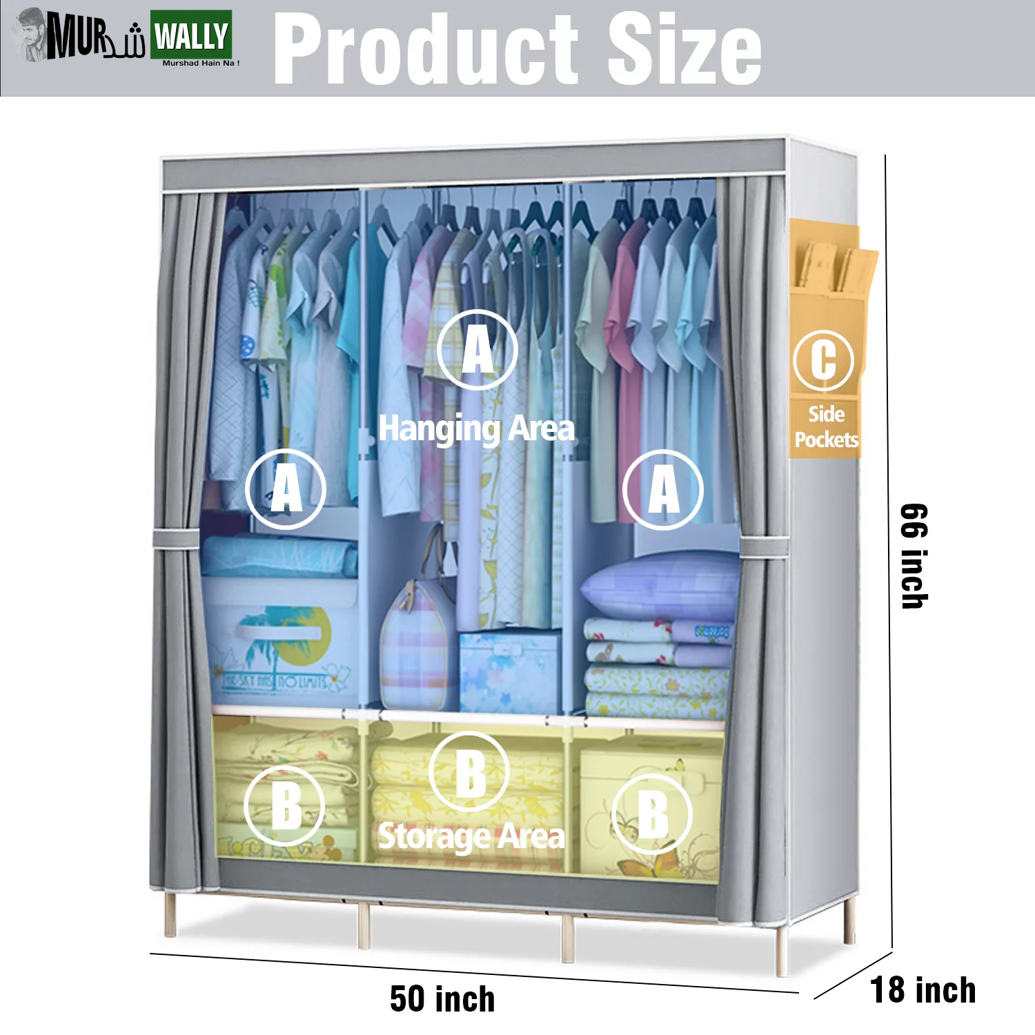 Portable Closet,Portable Wardrobe Closet Storage with 3 Hanging Rods,6 Storage Shelves,Side Pocket for Clothes Storage Organizer,Gray