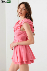 Doll Pink Ruffle Detail Front Button Romper Mini Dress