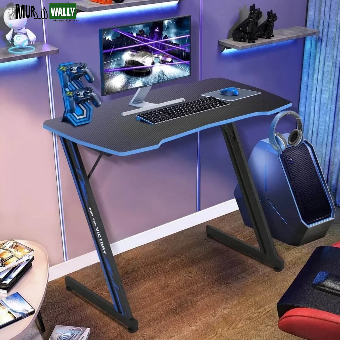 47 Inch Z-Shaped Gaming Desk, PC Computer Table Home Office Desk Ergonomic Gamer Workstation with Headphone Hook, Blue