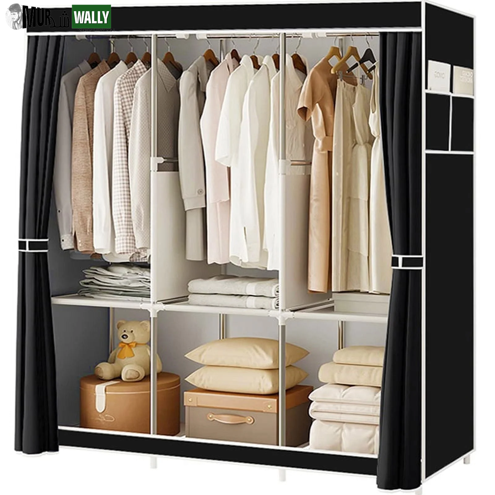 Portable Closet,Portable Wardrobe Closet Storage with 3 Hanging Rods,6 Storage Shelves,Side Pocket for Clothes Storage Organizer,Gray