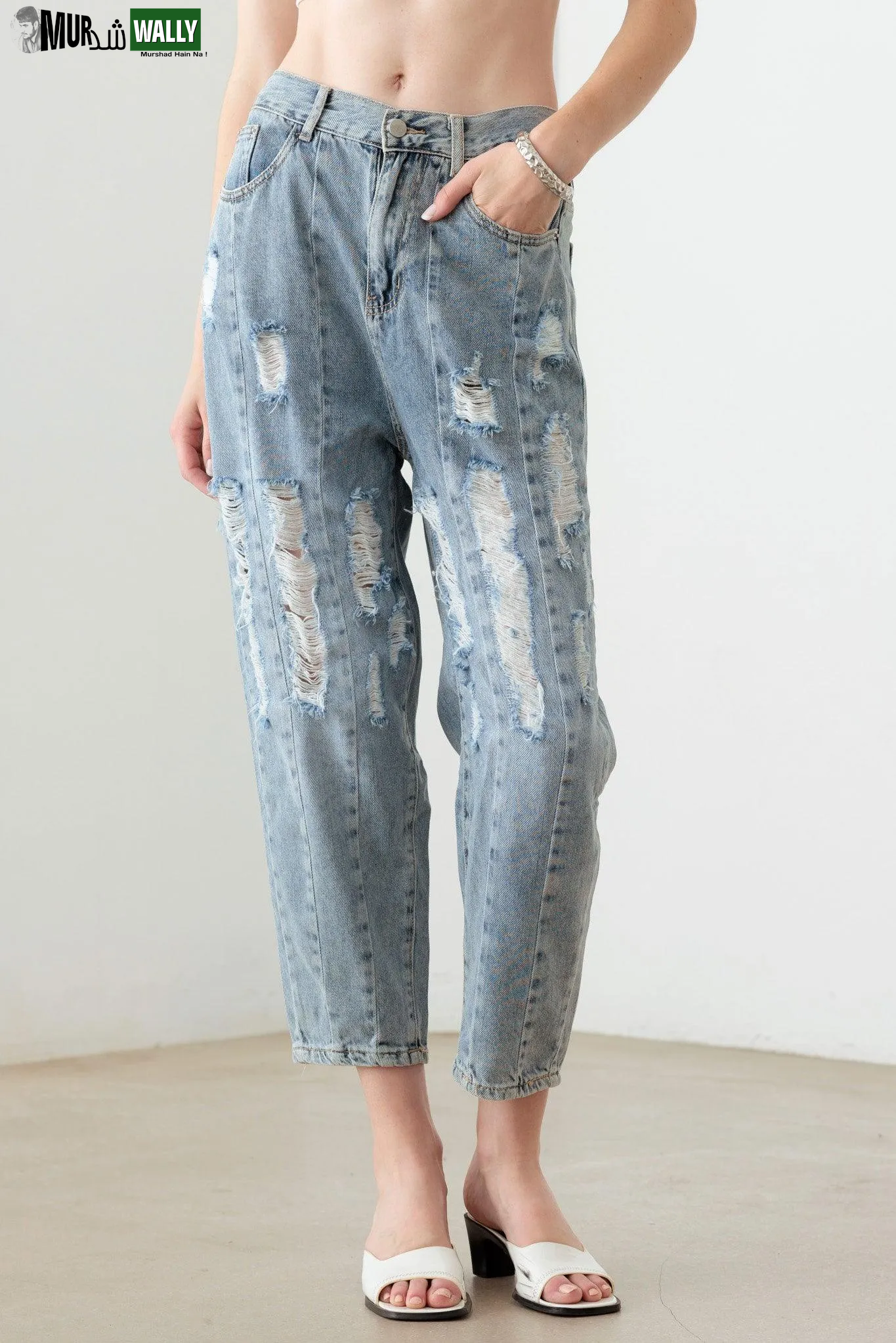 Light Blue Wash Barrel Leg High Waist Distressed Jeans