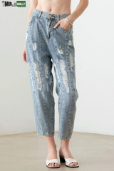 Light Blue Wash Barrel Leg High Waist Distressed Jeans