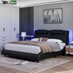 King Size LED Bed Frame, PU Leather Upholstered Curved Platform Bed Frame with Adjustable Headboard, Black