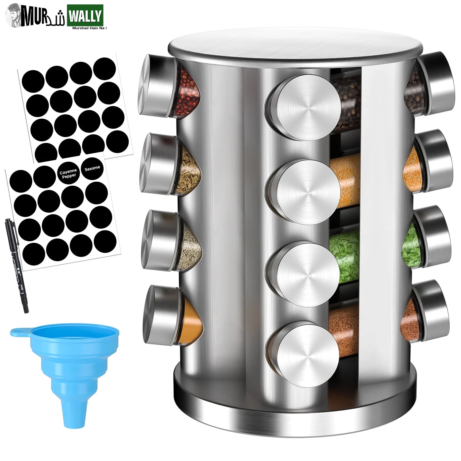 Rotating Spice Rack with 16 Seasoning Jars, Revolving Spice Organizer Stainless Steel for Countertop/Kitchen Storage, with Reusable Labels, Funnel and Pen Set