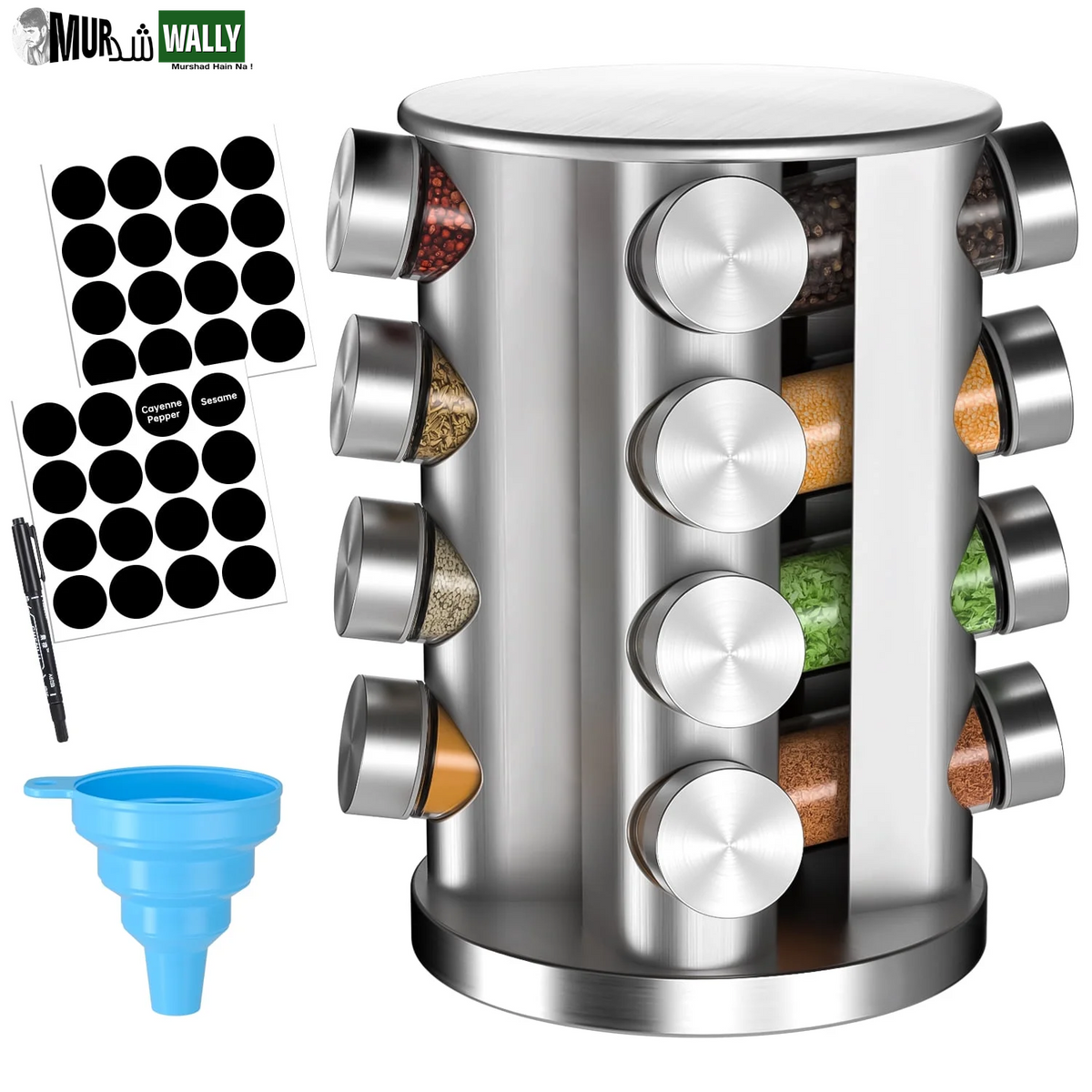 Rotating Spice Rack with 16 Seasoning Jars, Revolving Spice Organizer Stainless Steel for Countertop/Kitchen Storage, with Reusable Labels, Funnel and Pen Set