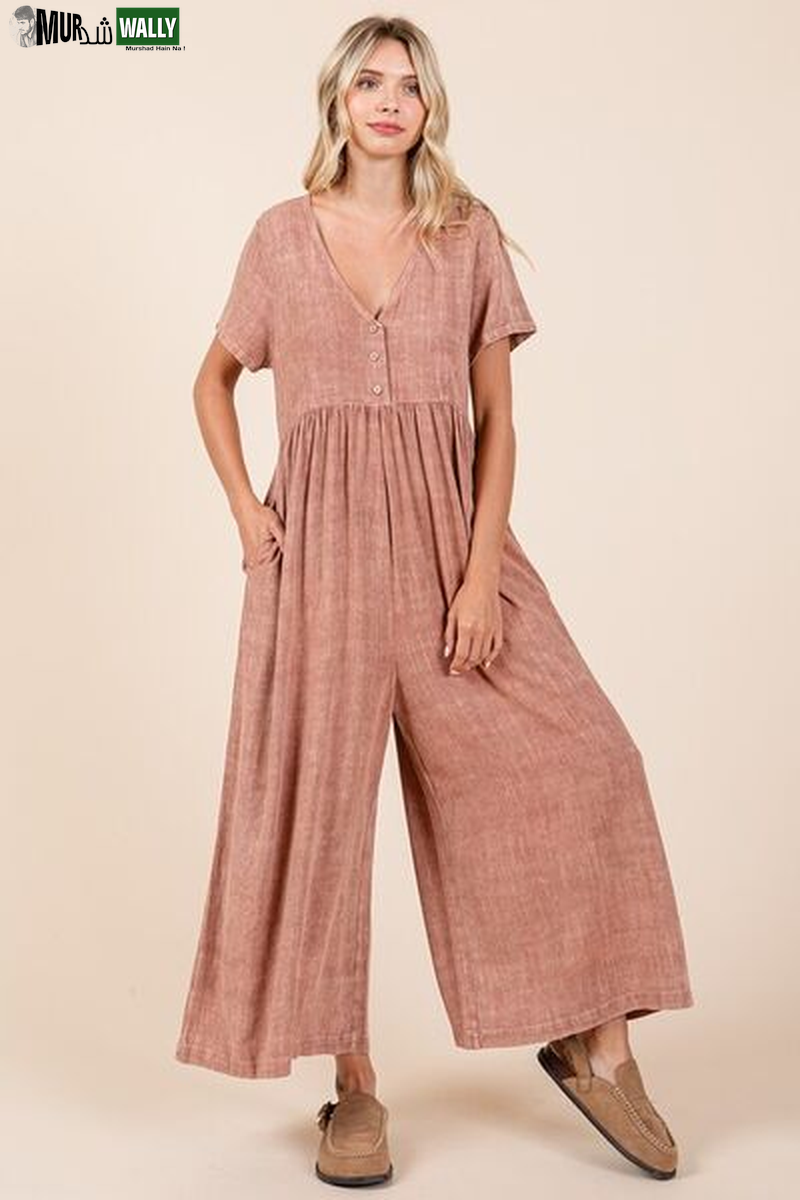 Mittoshop Mineral Wash Jumpsuit - Short Sleeve Flowy Wide Leg Design