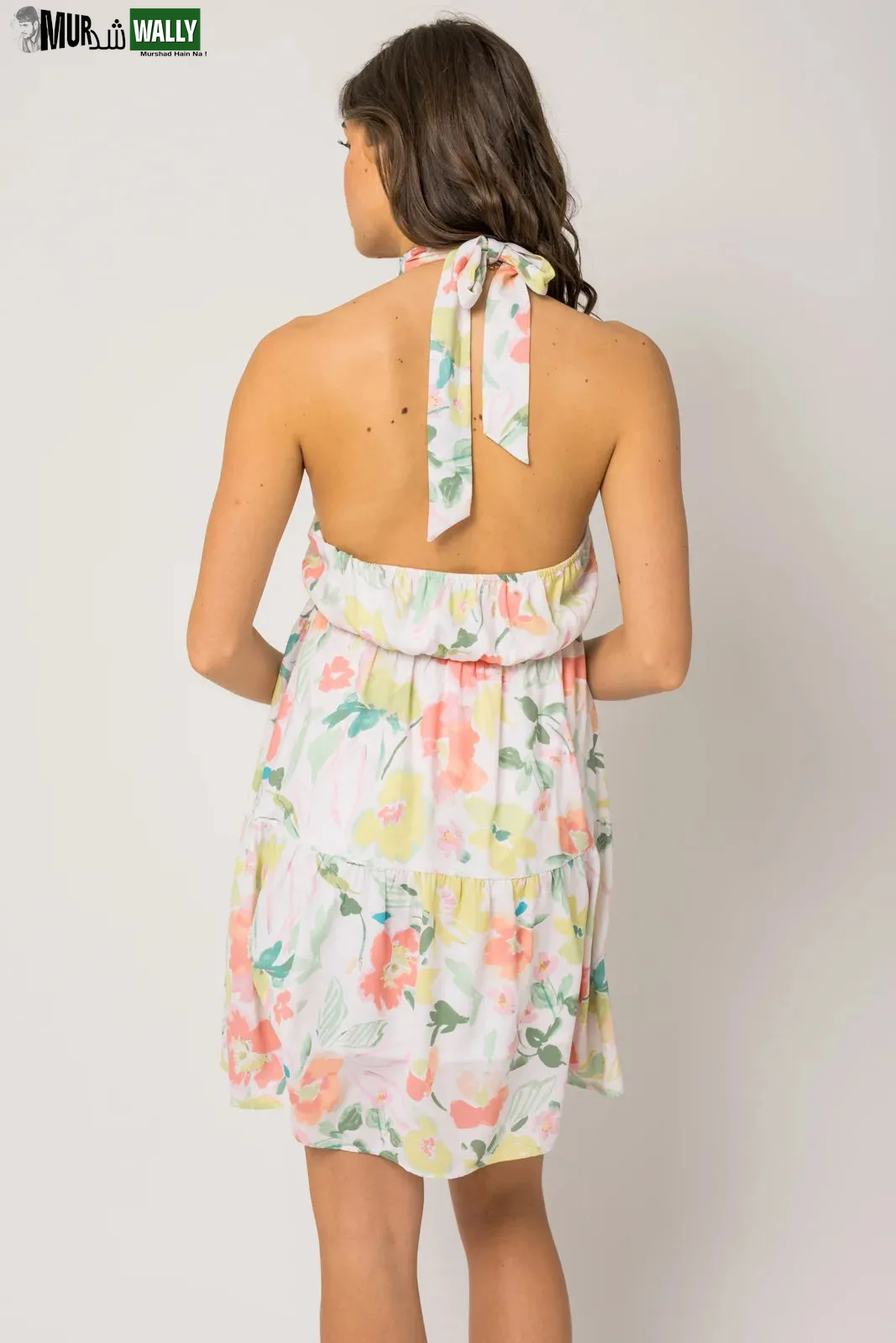 Sleeveless Halter Neck Shirring Floral Print Mini Dress