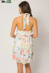 Sleeveless Halter Neck Shirring Floral Print Mini Dress