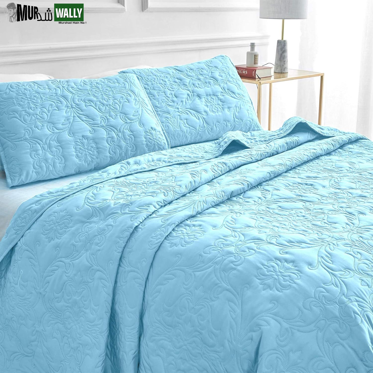Sophia and William 2 Pieces Quilt Set Twin Size with 1 Quilt and 1 Pillow Sham, Reversible Microfiber Bedding Bedspread Coverlet Set, Cozy, Lightweight and Hypoallergenic, Light Blue