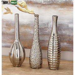 3 In., 12 In. Silver Slim Textured Bottleneck Ceramic Decorative Vase with Varying Patterns (Set of 3)