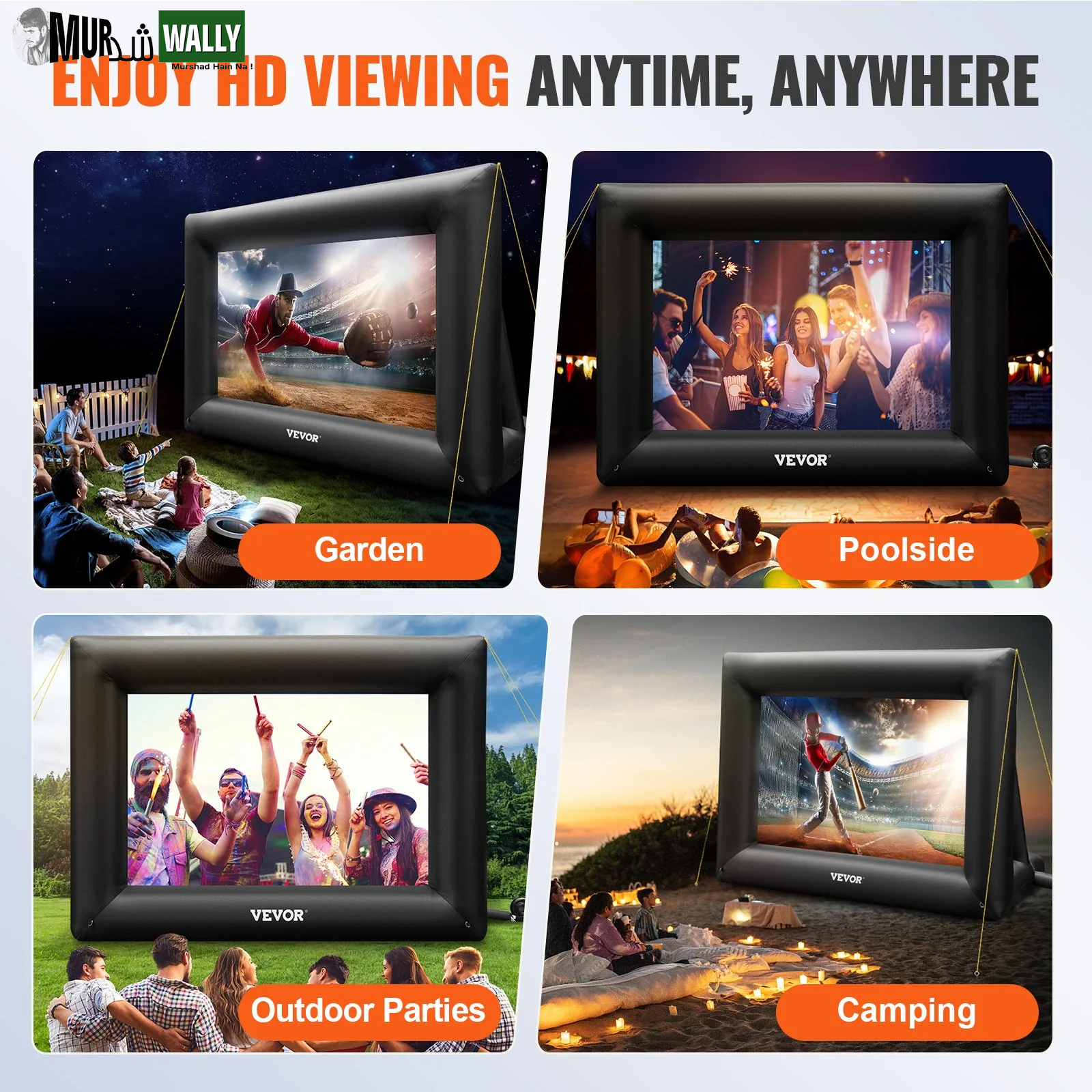 VEVOR Inflatable Movie Screen 24Ft£¨288Inch£© Inflatable Projector Screen for outside with 360W Air Blower Inflatable Screen Oxford Fabric Material Blow up Screen for Outdoor Movie Supports Front/Rear Projection