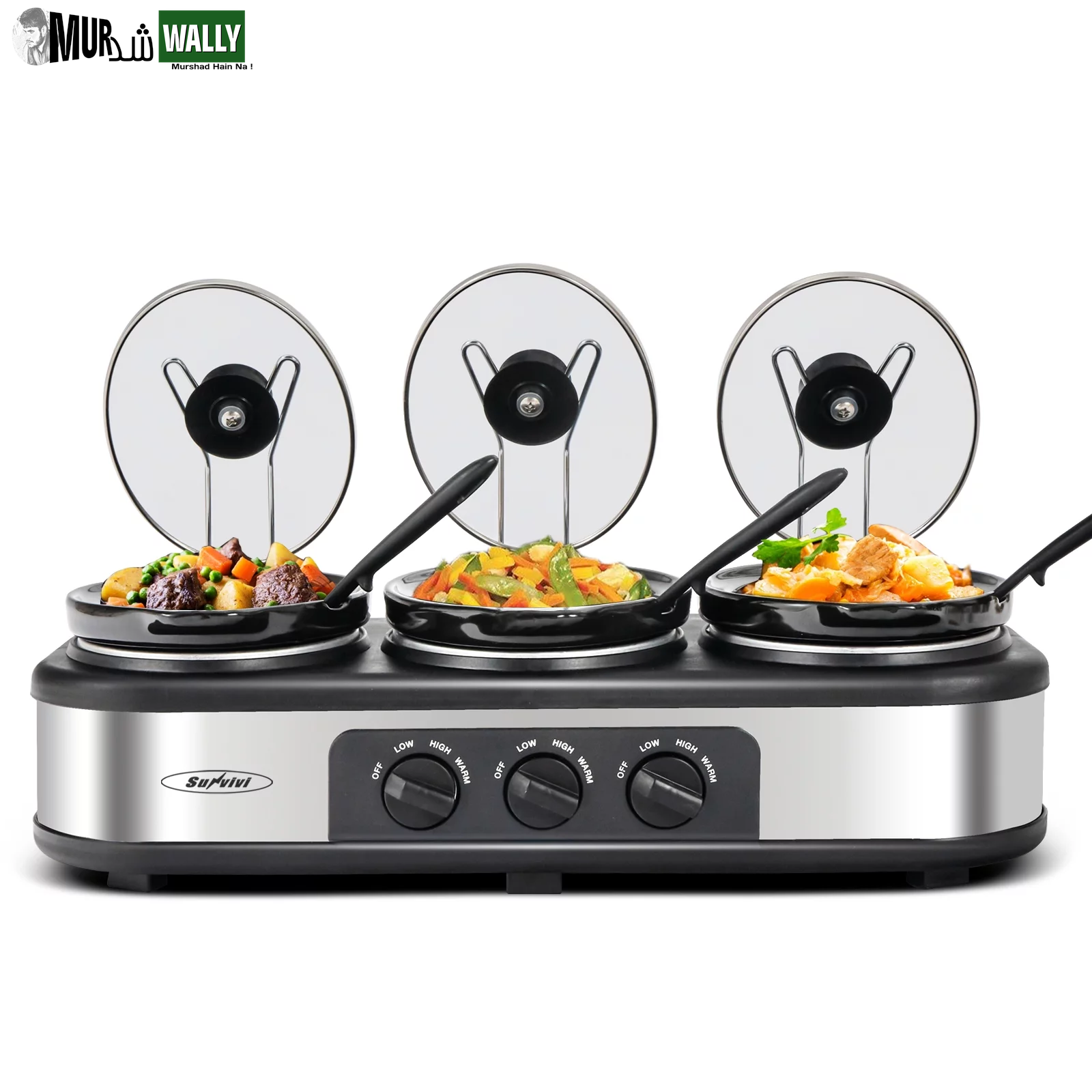 Triple Slow Cooker, 3X1.5 Quart Electric Slow Cooker Buffet Server, Food Warmer Cooking Pot, Adjustable Temp Removable Ceramic Pots Lid Rests