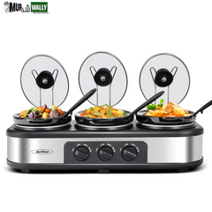 Triple Slow Cooker, 3X1.5 Quart Electric Slow Cooker Buffet Server, Food Warmer Cooking Pot, Adjustable Temp Removable Ceramic Pots Lid Rests