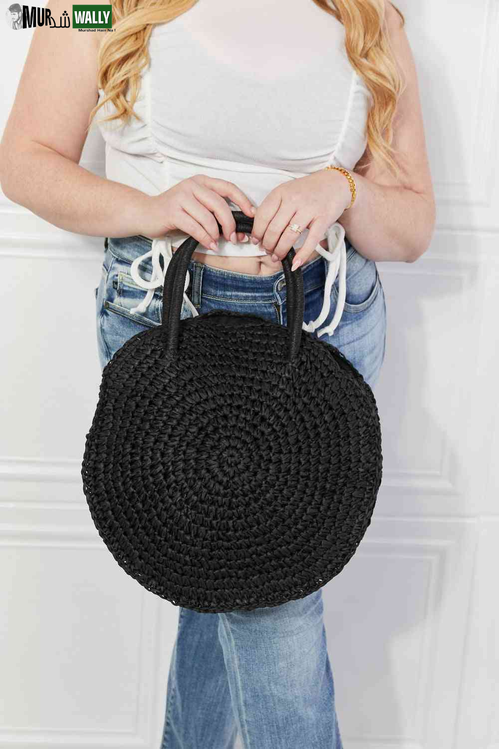 Justin Taylor Beach Date Straw Rattan Handbag in Black
