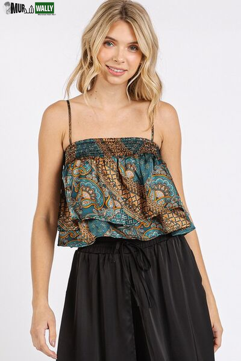 Mittoshop Paisley Patchwork Print Satin Ruffle Crop Cami
