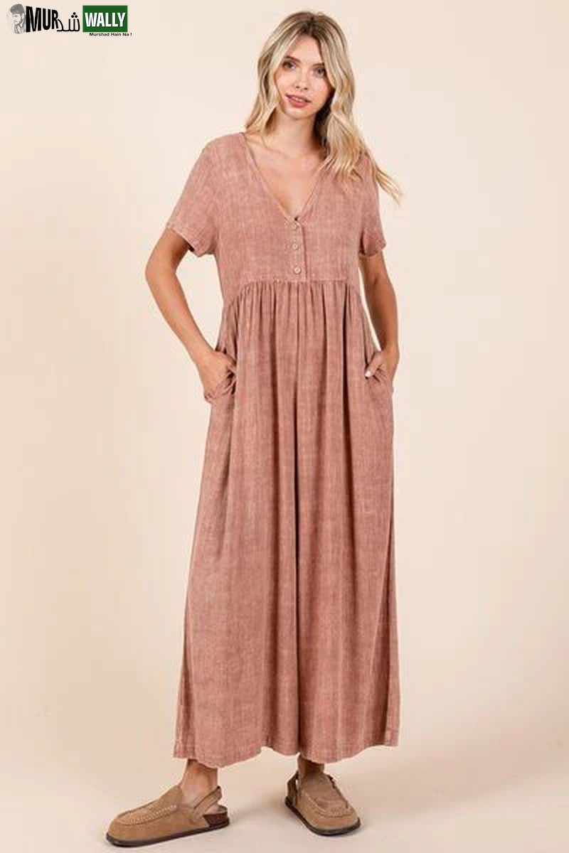 Mittoshop Mineral Wash Jumpsuit - Short Sleeve Flowy Wide Leg Design