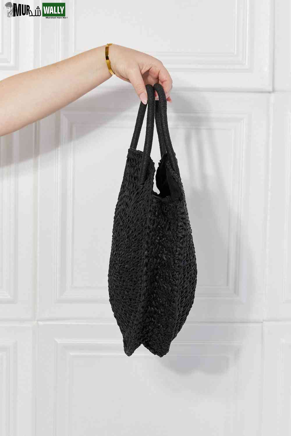Justin Taylor Beach Date Straw Rattan Handbag in Black