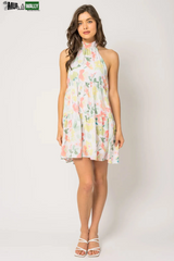 Sleeveless Halter Neck Shirring Floral Print Mini Dress