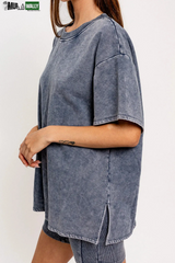 Short Sleeve Crew Neck Washed Oversized Basic Tunic Top