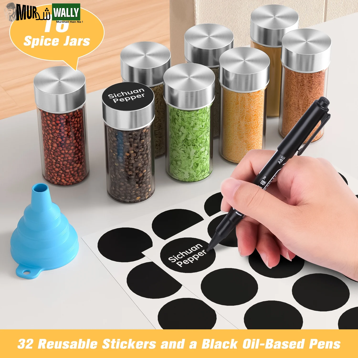 Rotating Spice Rack with 16 Seasoning Jars, Revolving Spice Organizer Stainless Steel for Countertop/Kitchen Storage, with Reusable Labels, Funnel and Pen Set