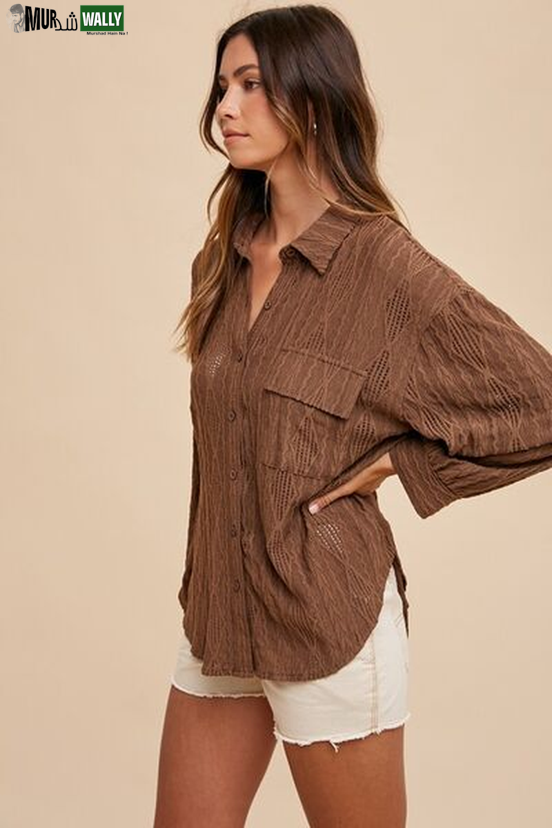 Annie Wear Openwork Button down Drop Shoulder Shirt