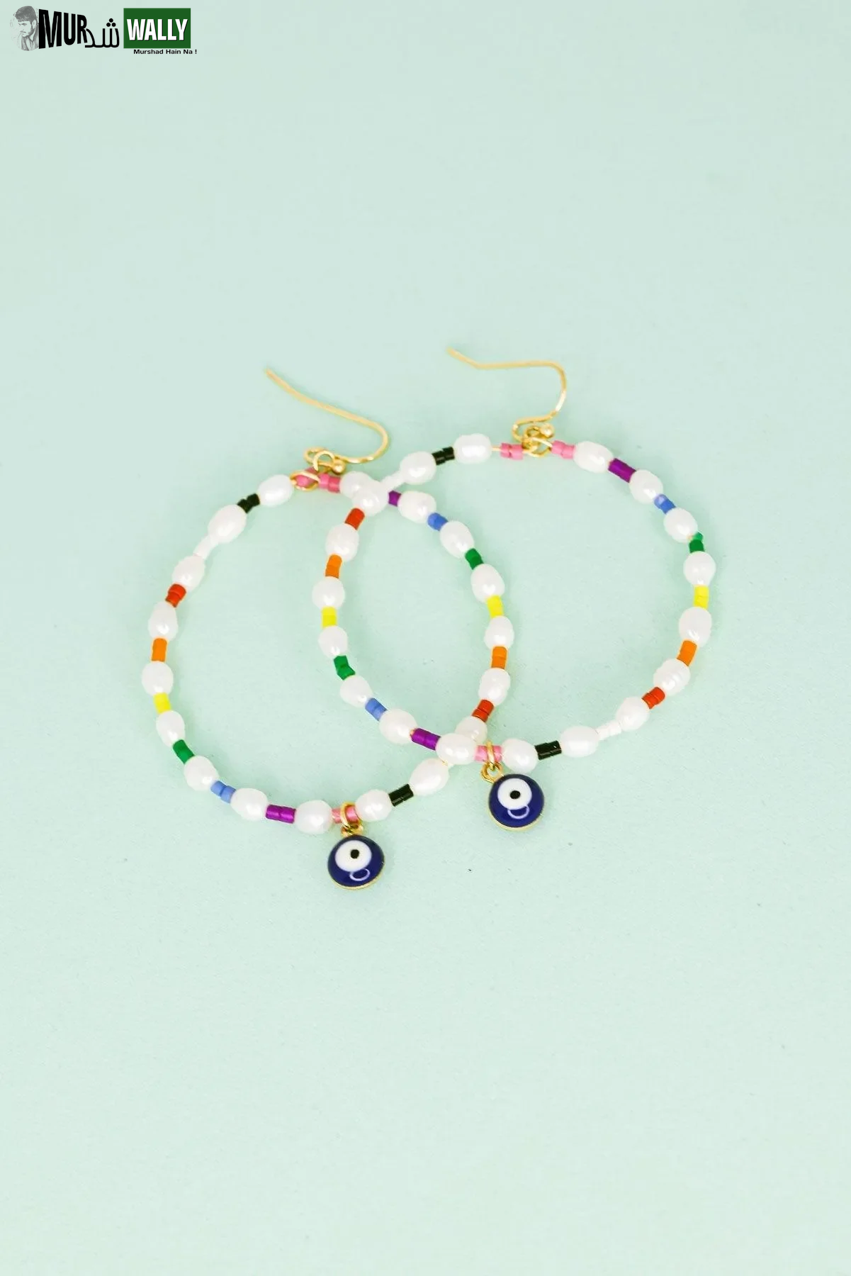 Evil Eye Stone Pearl with Seed Beads Metal Hoop Earrings