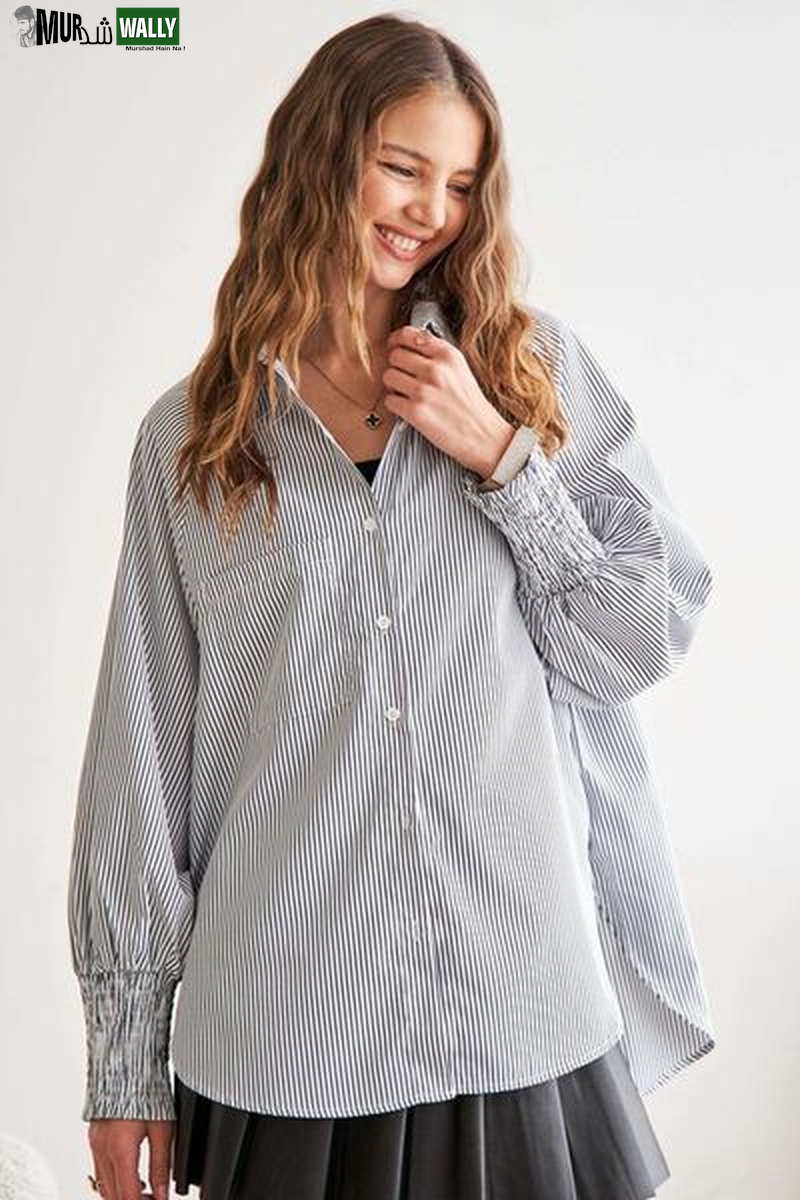 ADORA High-Low Striped Button down Smocked Lantern Sleeve Shirt
