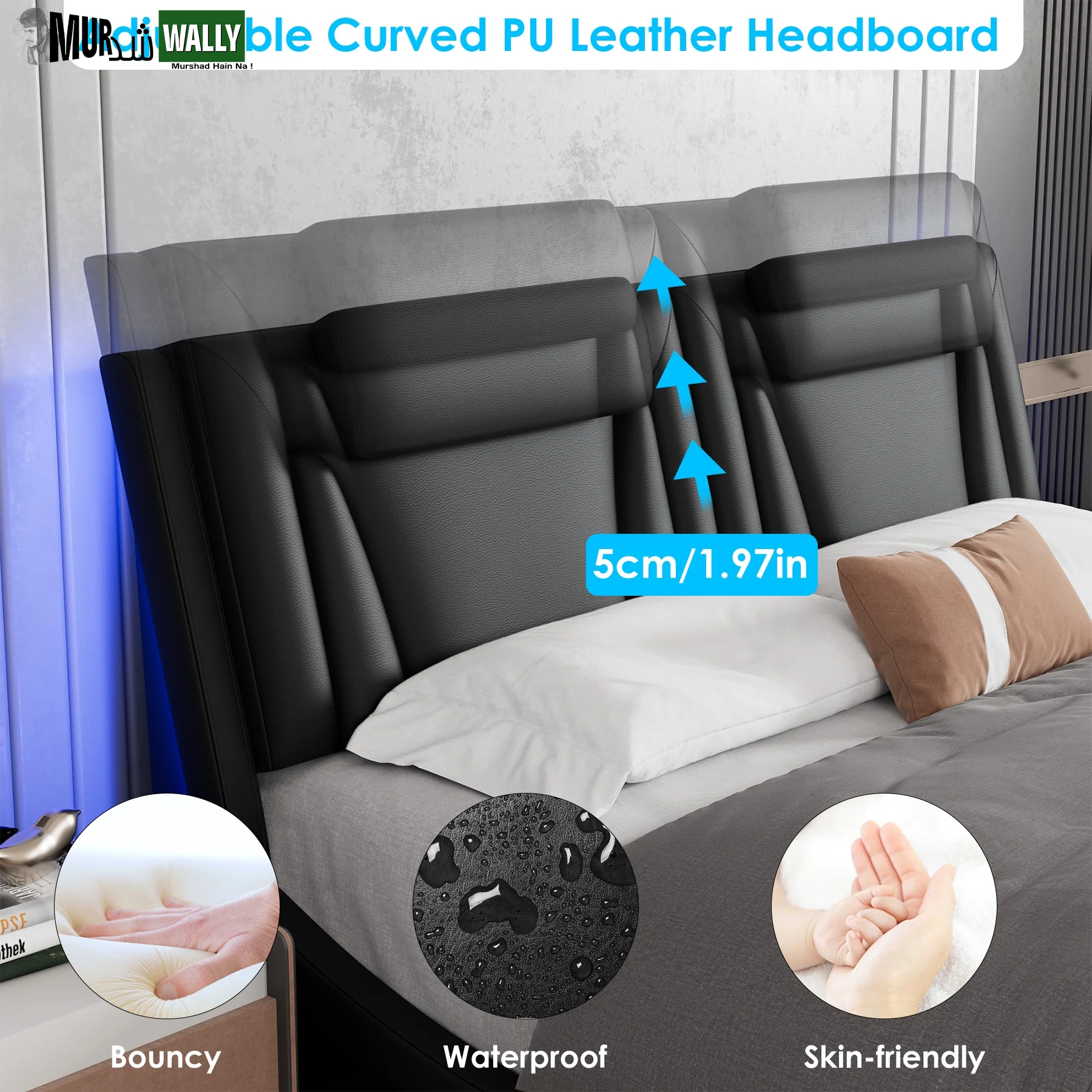 King Size LED Bed Frame, PU Leather Upholstered Curved Platform Bed Frame with Adjustable Headboard, Black