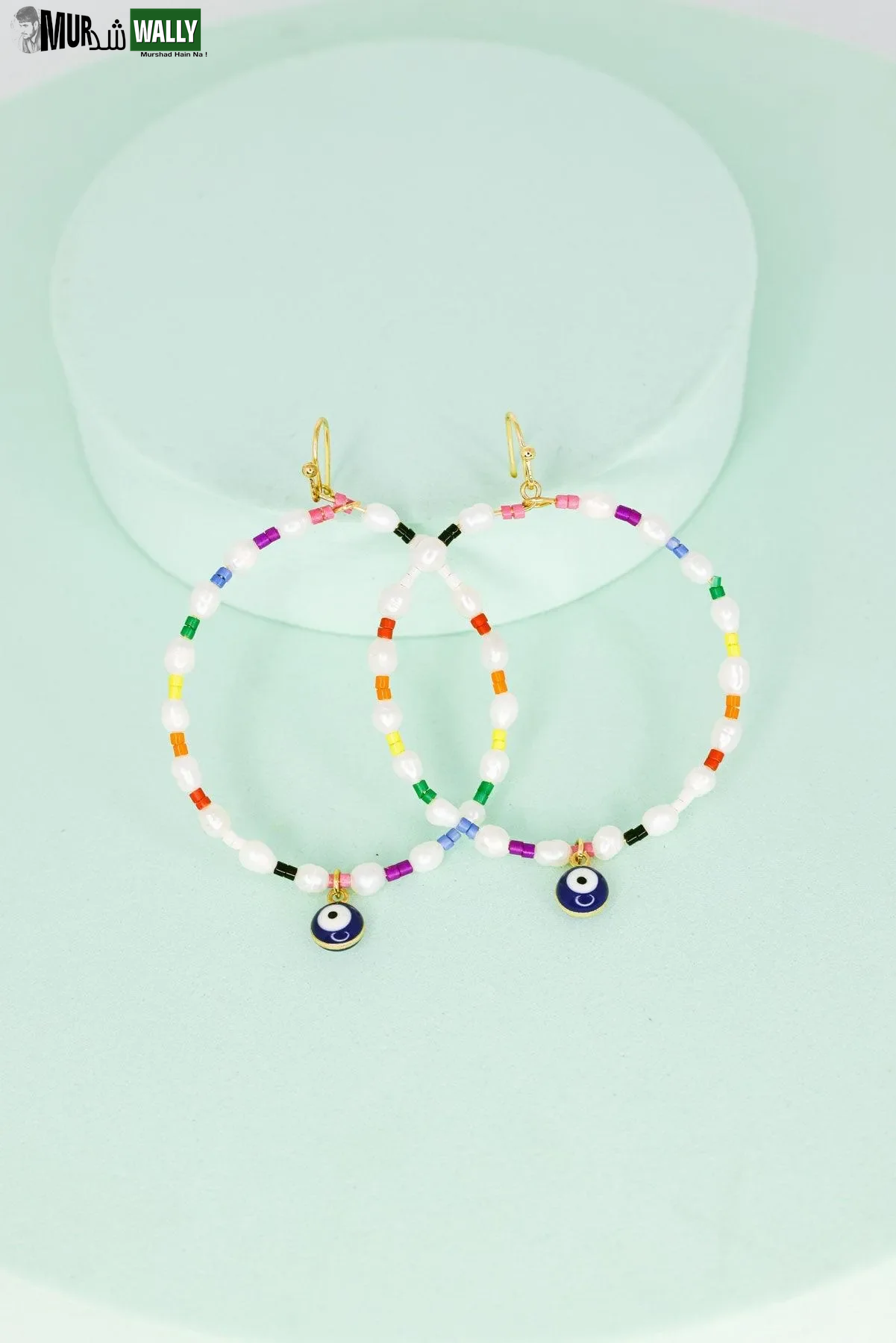 Evil Eye Stone Pearl with Seed Beads Metal Hoop Earrings
