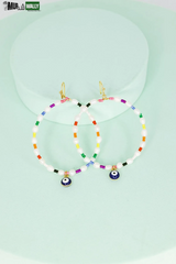 Evil Eye Stone Pearl with Seed Beads Metal Hoop Earrings