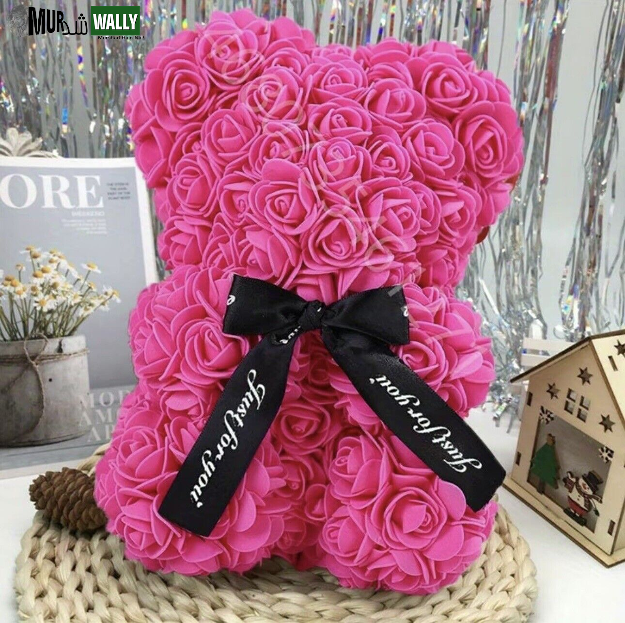 HOT Valentines Day Gift 25Cm Red Rose Teddy Bear Rose Flower Artificial Decorati
