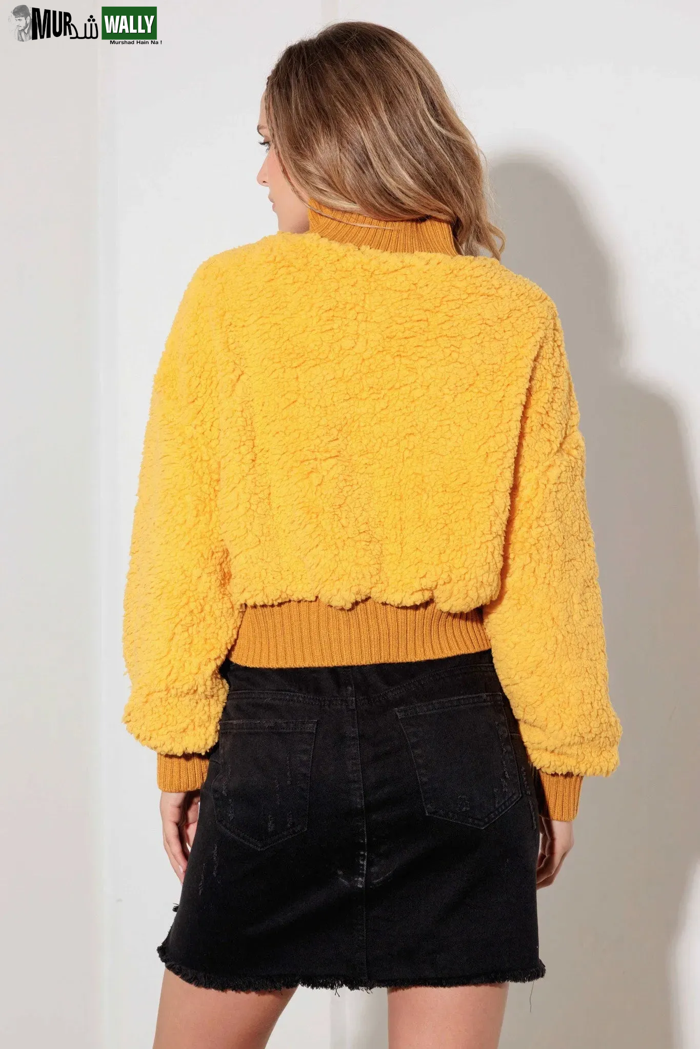 Fuzzy Ribbed Mock Neck Teddy Crop Sweater