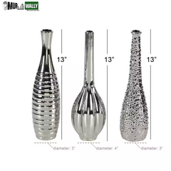 3 In., 12 In. Silver Slim Textured Bottleneck Ceramic Decorative Vase with Varying Patterns (Set of 3)