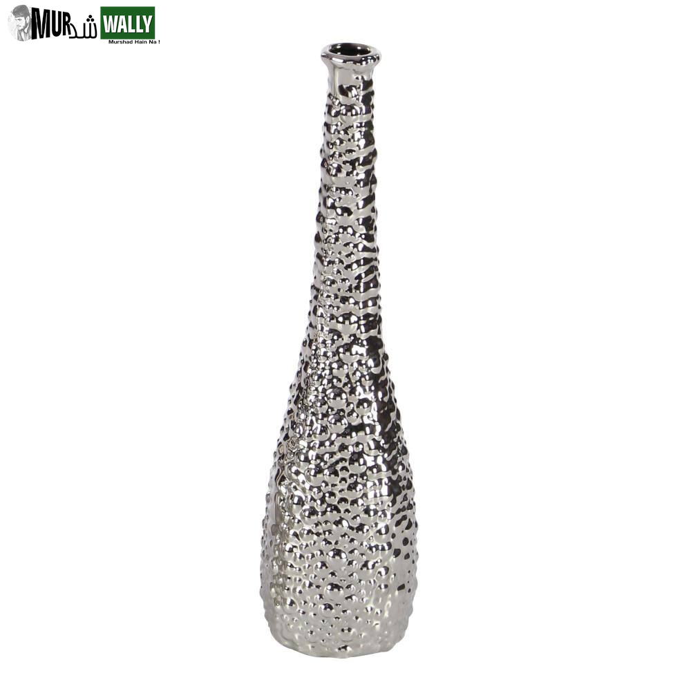 3 In., 12 In. Silver Slim Textured Bottleneck Ceramic Decorative Vase with Varying Patterns (Set of 3)