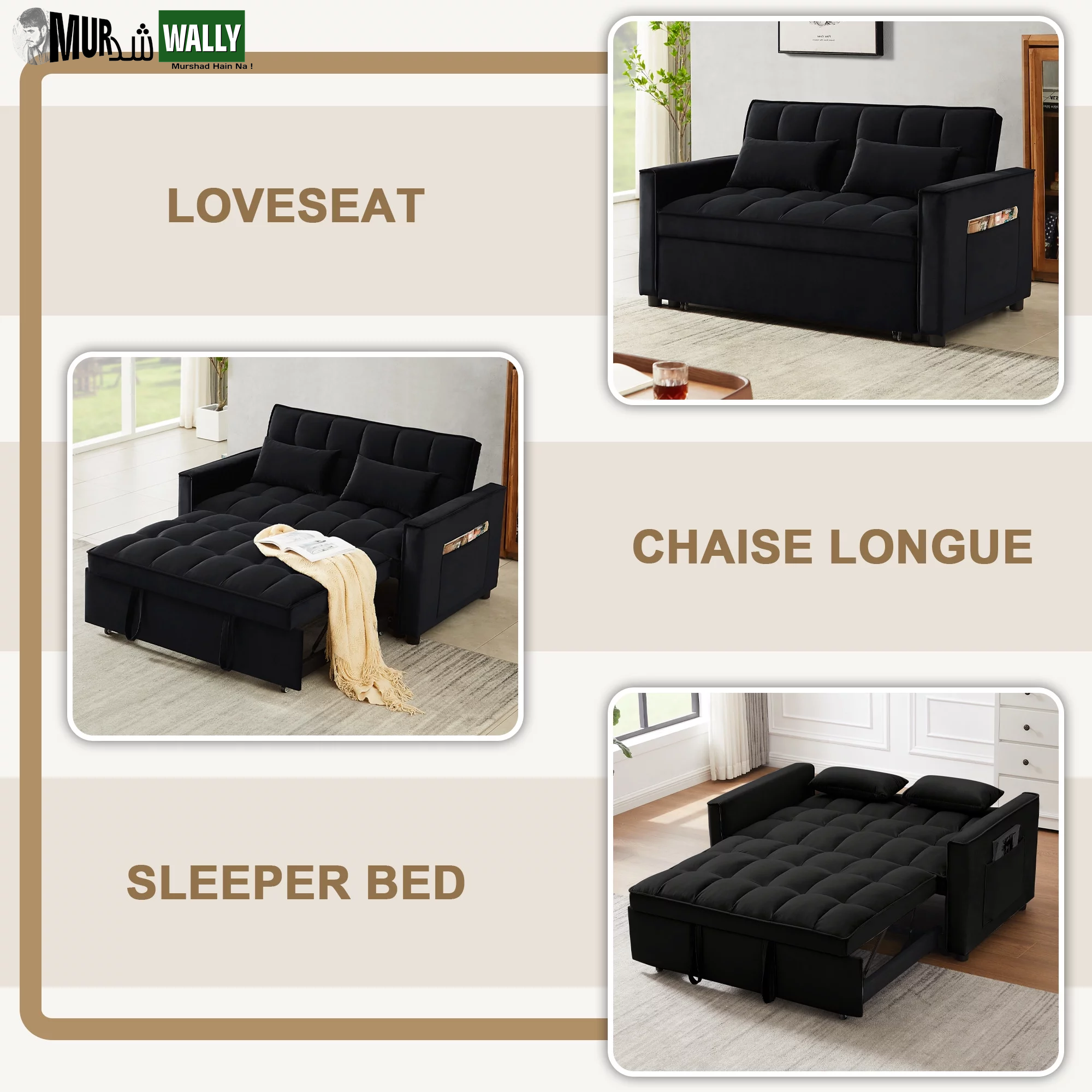 Loveseat Convertible Sleeper Sofa Bed, Black