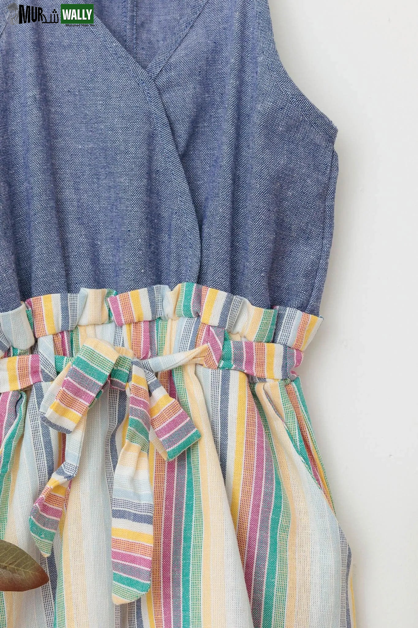 Girls Blue Multi Color Wrap Front Tie Sleeveless Romper