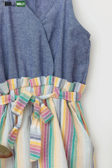 Girls Blue Multi Color Wrap Front Tie Sleeveless Romper