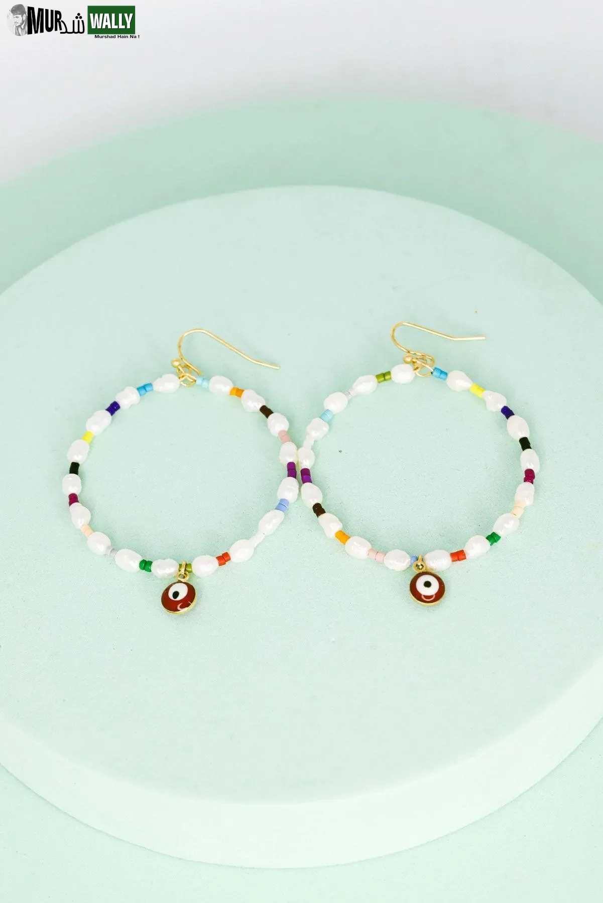 Evil Eye Stone Pearl with Seed Beads Metal Hoop Earrings